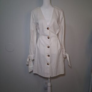 Linen Blend White Dress Womens Sz 12 Minimalist Capsule Timeless Preppy  Boho